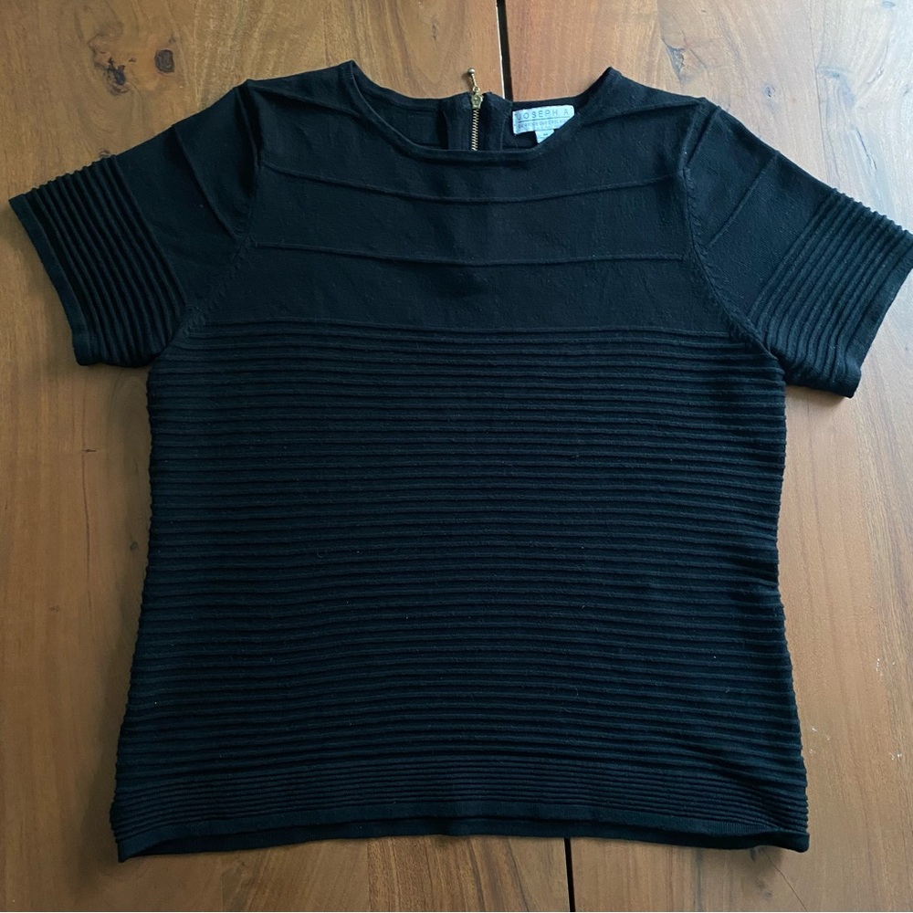 Joseph A T-Shirt Womens Black Ribbed Striped Gold Zip Classy Office Top Size M